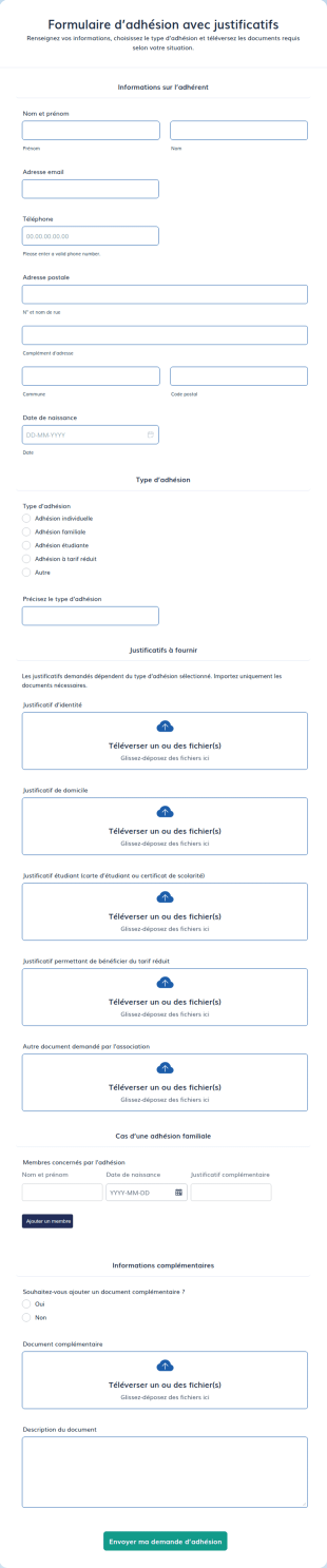Formulaire D’adhésion Avec Justificatifs
