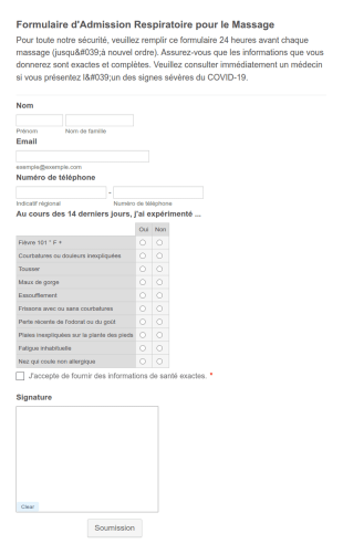 Formulaire D'Admission De Coronavirus Pour La Massothérapie