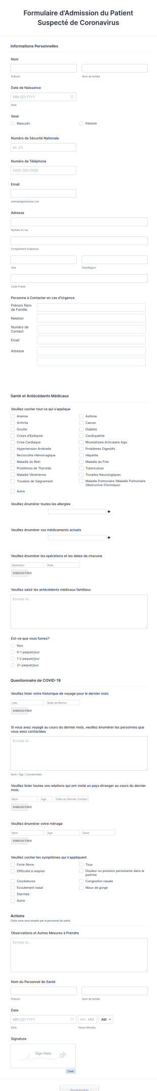 Formulaire D'Admission Du Patient Suspecté De Coronavirus