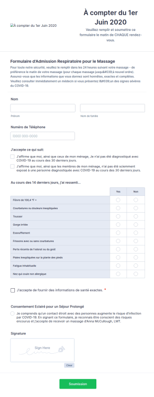 Formulaire D'Admission COVID 19 Pour La Massothérapie