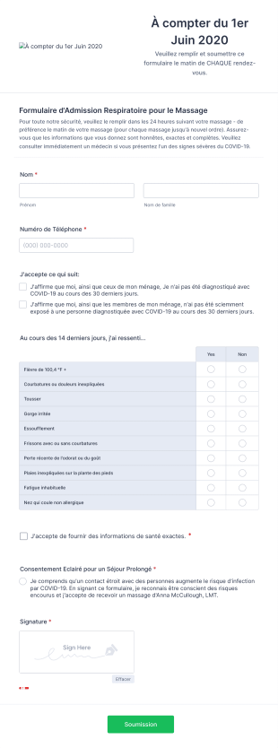 Formulaire D'Admission COVID 19 Pour La Massothérapie