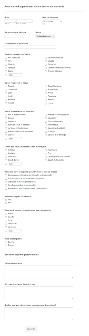 Formulaire D'appariement De Mentors Et De Mentorés
