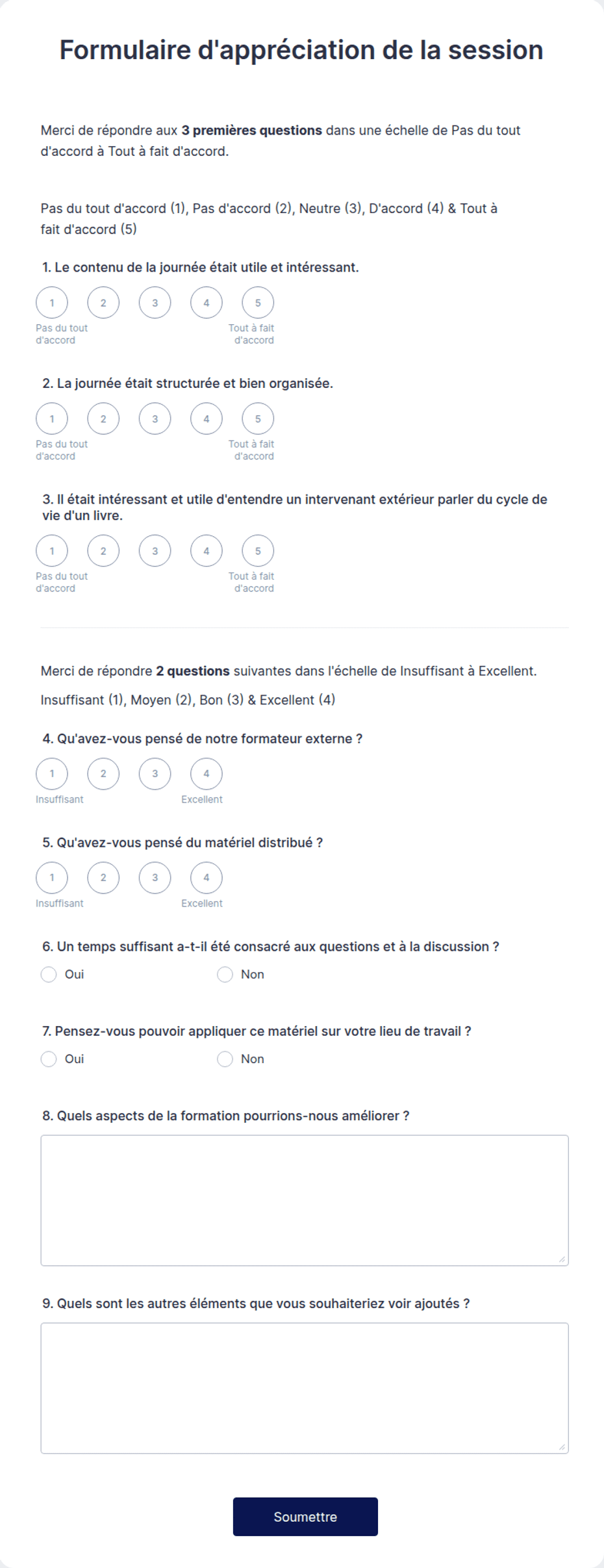Formulaire d'appréciation de la session | Jotform