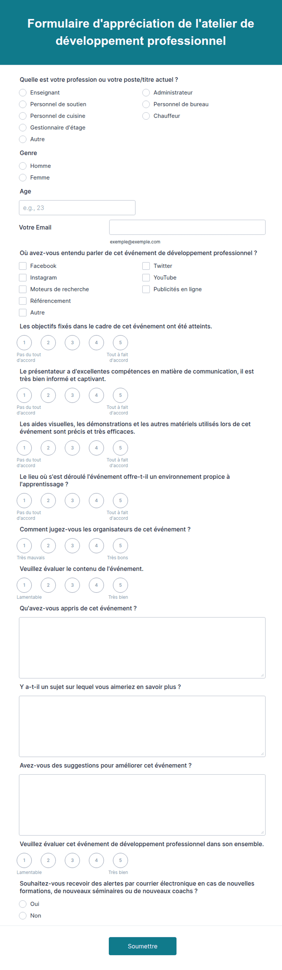Formulaire d'appréciation de l'atelier de développement professionnel ...