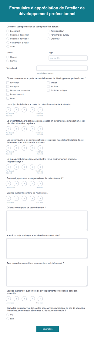 Formulaire D'appréciation De L'atelier De Développement Professionnel Form Template