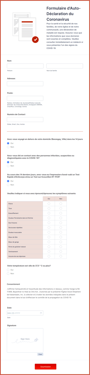 Formulaire D'Auto Déclaration Du Coronavirus Pour Les Membres De L'Église Form Template