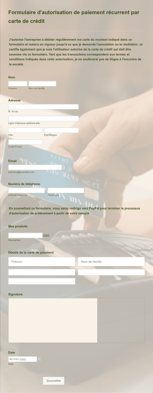 Formulaire D'autorisation De Paiement Récurrent Par Carte De Crédit