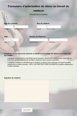 Formulaire D'autorisation De Retour Au Travail Du Médecin Form Template