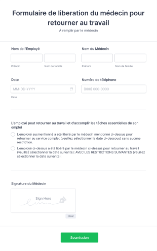 Formulaire D'Autorisation De Retour Au Travail Du Médecin Form Template