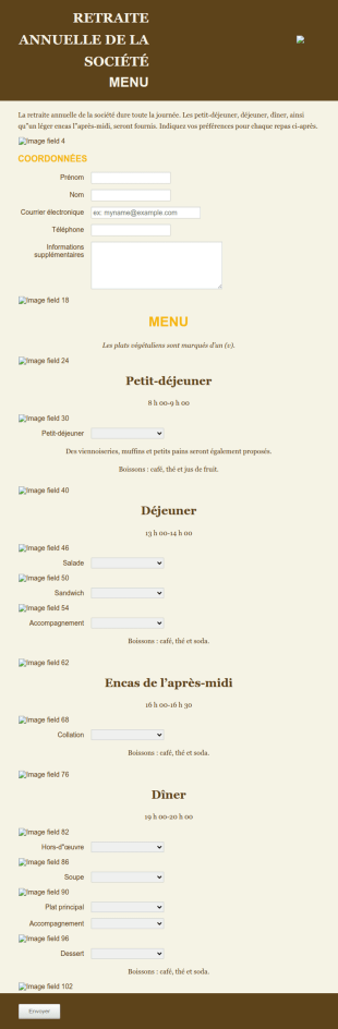 Formulaire De Choix De Menu événementiel