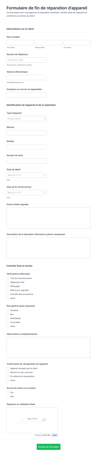 Formulaire De Clôture De Réparation D’appareil