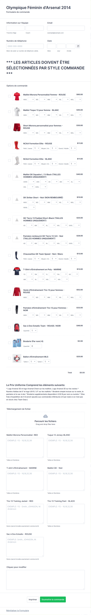 Formulaire De Commande De Tenues De Sport Avec Images, Tailles Et Options De Quantité