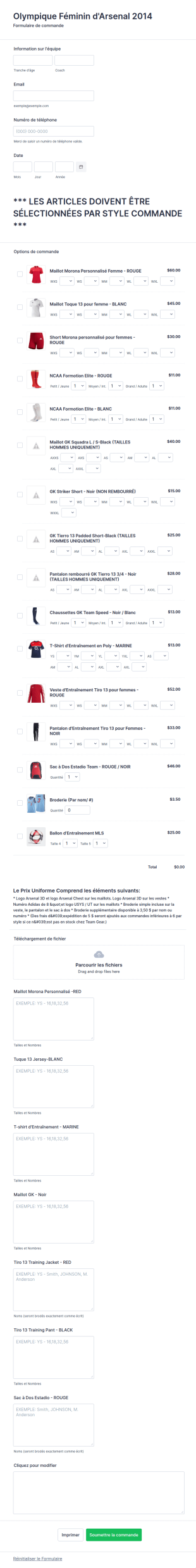 Formulaire De Commande De Tenues De Sport Avec Images, Tailles Et Options De Quantité