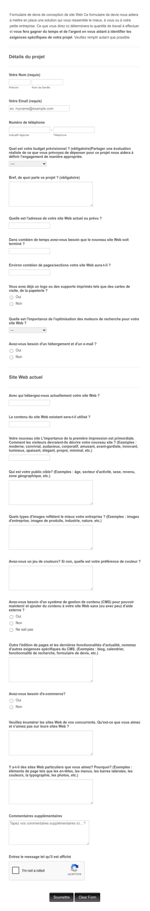 Formulaire De Commande De Conception De Site Web