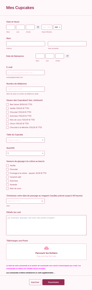 Formulaire De Commande De Cupcake