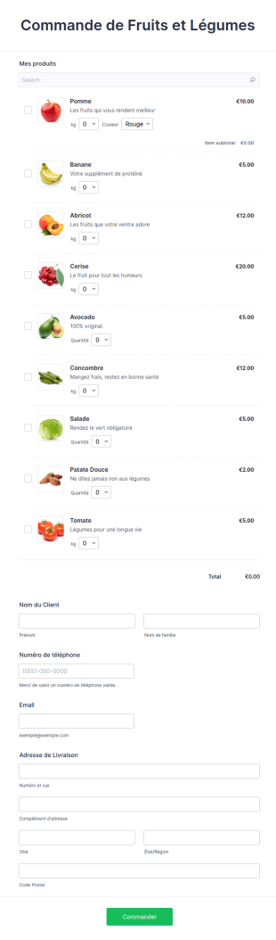 Formulaire De Commande De Fruits Et Légumes