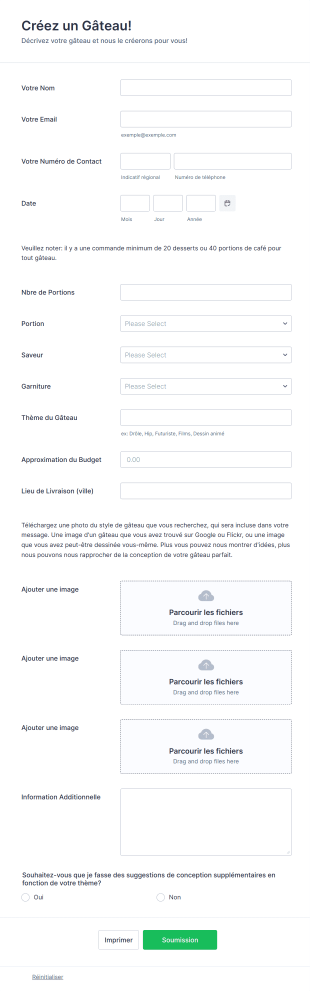 Formulaire De Commande De Gâteau Avec Theme Personnalisé Form Template