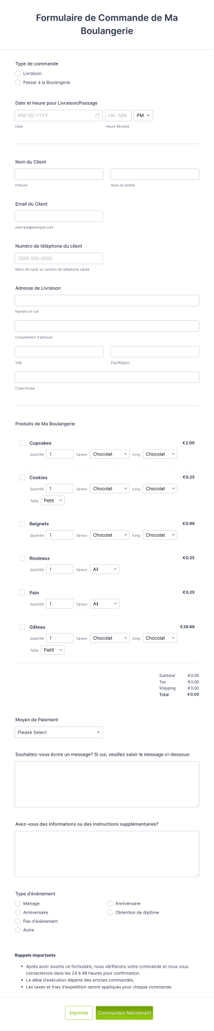 Formulaire De Commande De Ma Boulangerie Form Template