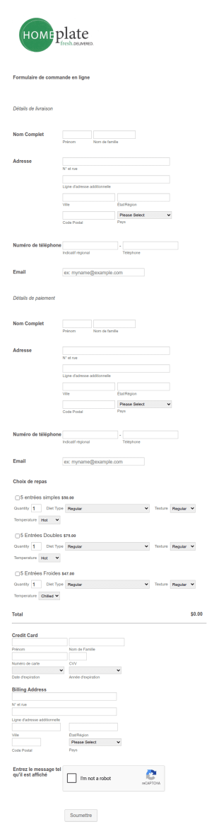 Formulaire De Commande De Nourriture En Ligne