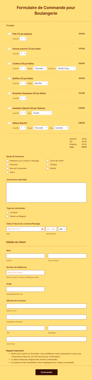 Formulaire De Commande Pour Boulangerie