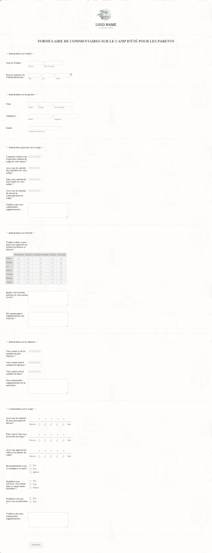 Formulaire De Commentaires Sur Le Camp D'été Pour Les Parents Form Template