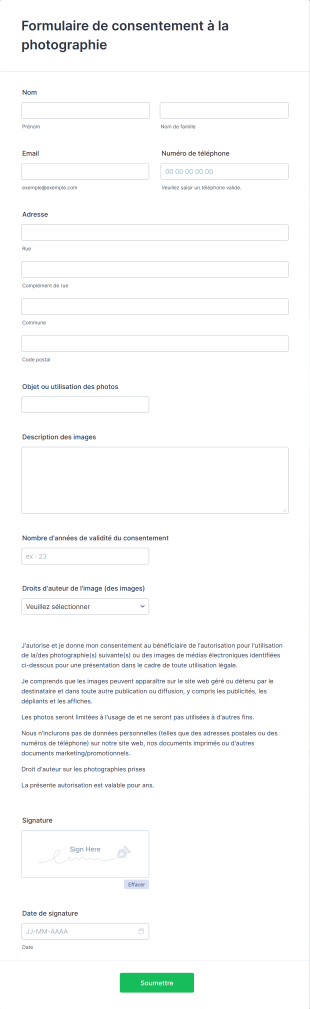 Formulaire De Consentement à La Photographie Form Template