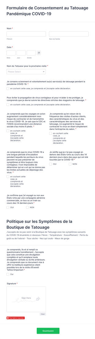 Formulaire De Consentement Au Tatouage COVID 19 Form Template