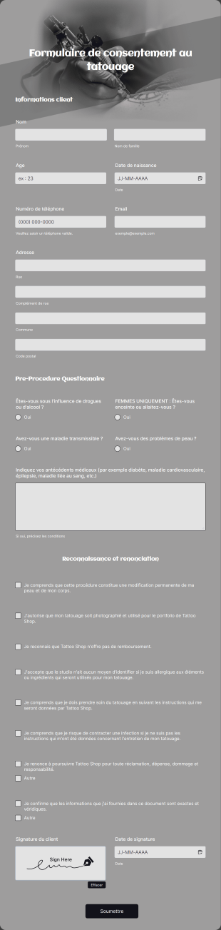 Formulaire De Consentement Au Tatouage Form Template