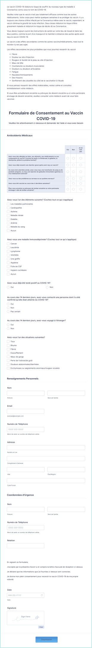 Formulaire De Consentement Au Vaccin COVID 19 Form Template