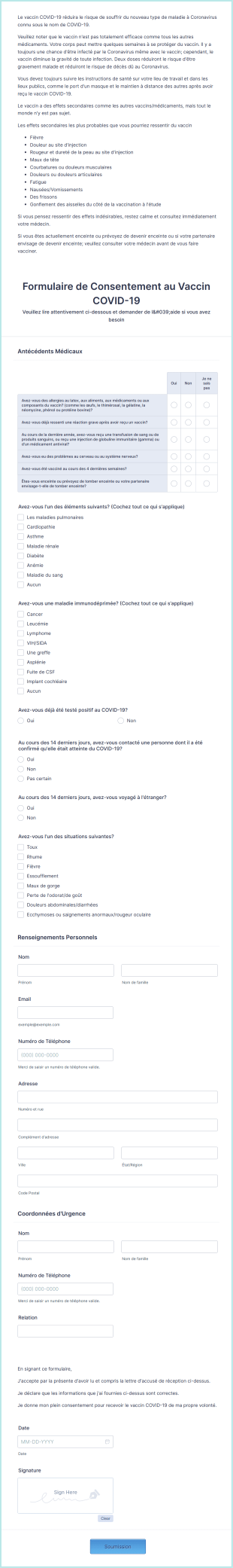 Formulaire De Consentement Au Vaccin COVID 19 Form Template