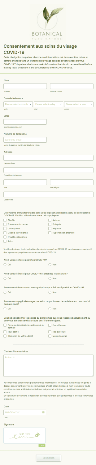 Formulaire De Consentement Aux Soins Du Visage COVID 19