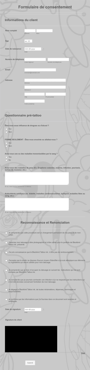Formulaire De Consentement Blackbird Tattoo Ink Form Template