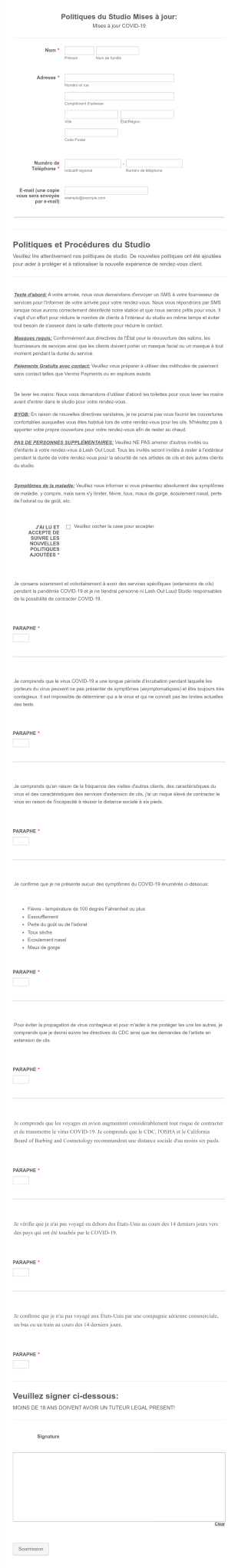 Formulaire De Consentement Du Studio COVID 19