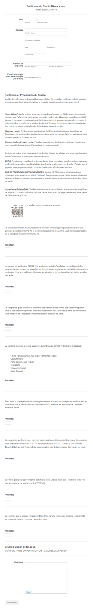 Formulaire De Consentement Du Studio COVID 19
