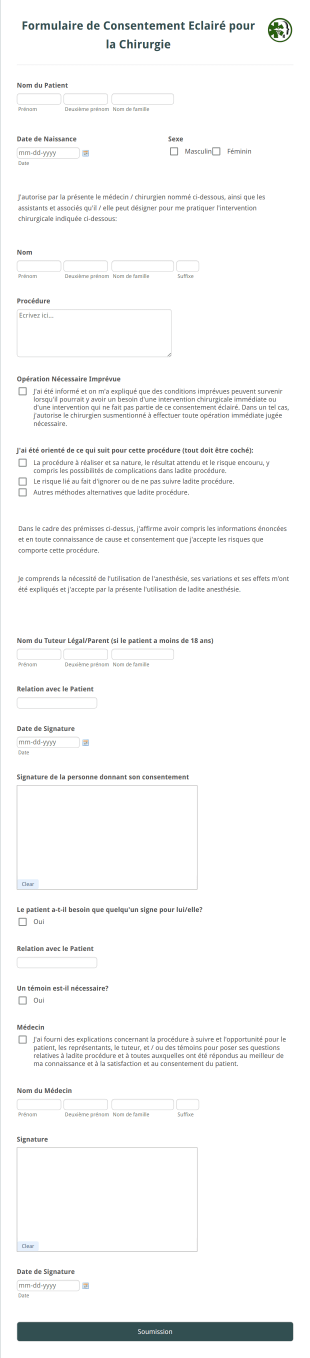 Formulaire De Consentement Eclairé Pour La Chirurgie Form Template