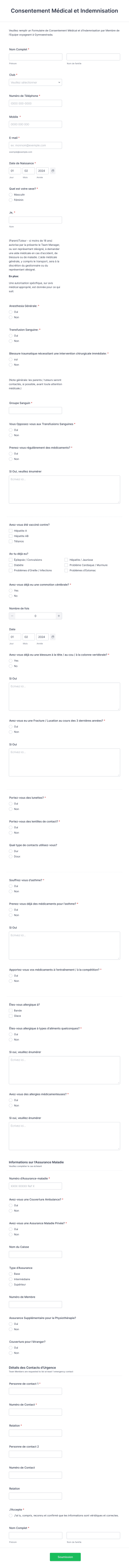 Formulaire De Consentement Médical Et D'Indemnisation Form Template