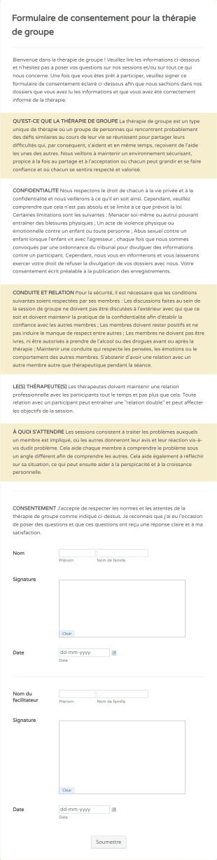 Formulaire De Consentement Pour La Thérapie De Groupe Form Template