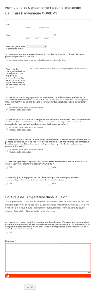 Formulaire De Consentement Pour Le Traitement Capillaire Pandémique COVID 19 Form Template
