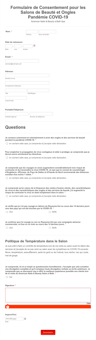 Formulaire De Consentement Pour Les Salons De Beauté Et Ongles Pandémie COVID 19 Form Template