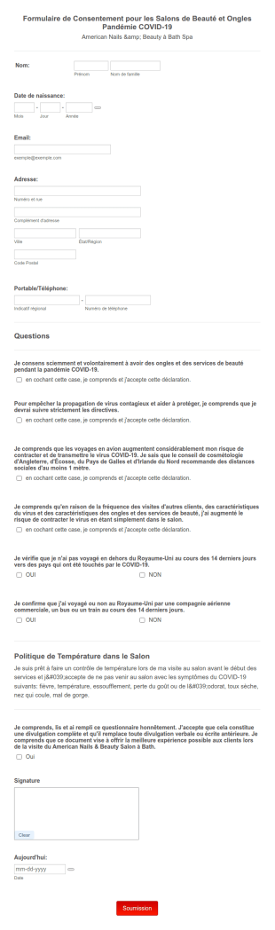 Formulaire De Consentement Pour Les Salons De Beauté Et Ongles Pandémie COVID 19
