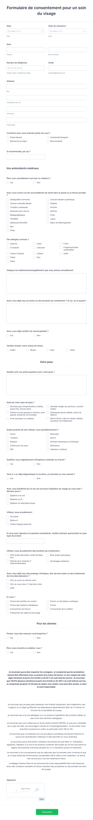 Formulaire De Consentement Pour Un Soin Du Visage
