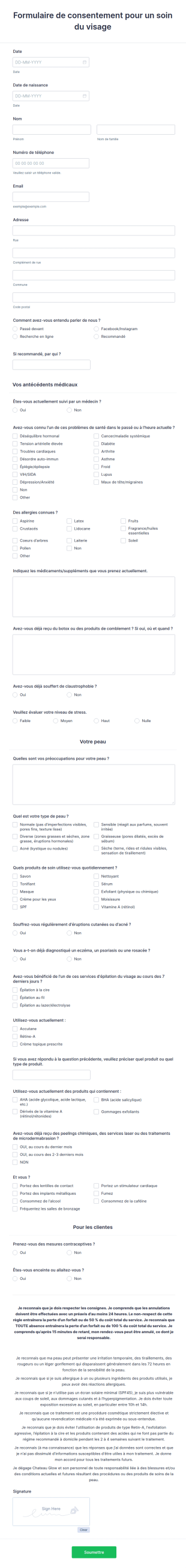 Formulaire De Consentement Pour Un Soin Du Visage