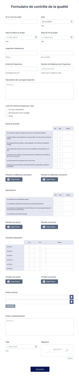 Formulaire De Contrôle De La Qualité