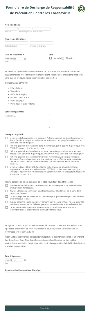 Formulaire De Décharge De Responsabilité De Précaution Contre Les Coronavirus Form Template