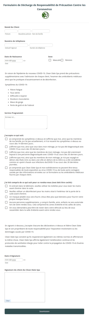 Formulaire De Décharge De Responsabilité De Précaution Contre Les Coronavirus
