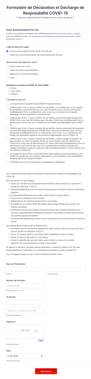 Formulaire De Décharge De Resposabilité COVID 19 De Dance Studio