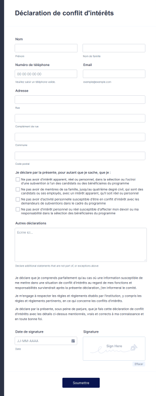 Formulaire De Déclaration De Non Conflit D'intérêt Form Template