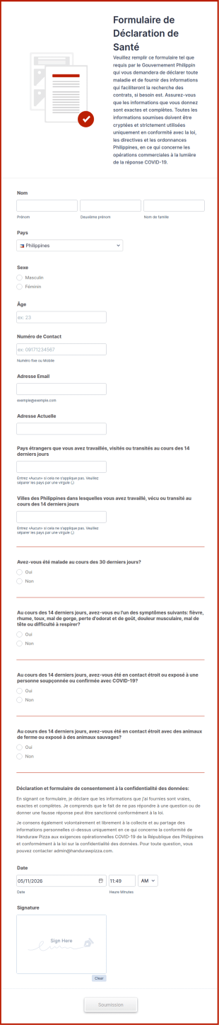 Modèle Formulaire De Déclaration De Santé & Covid Voyages