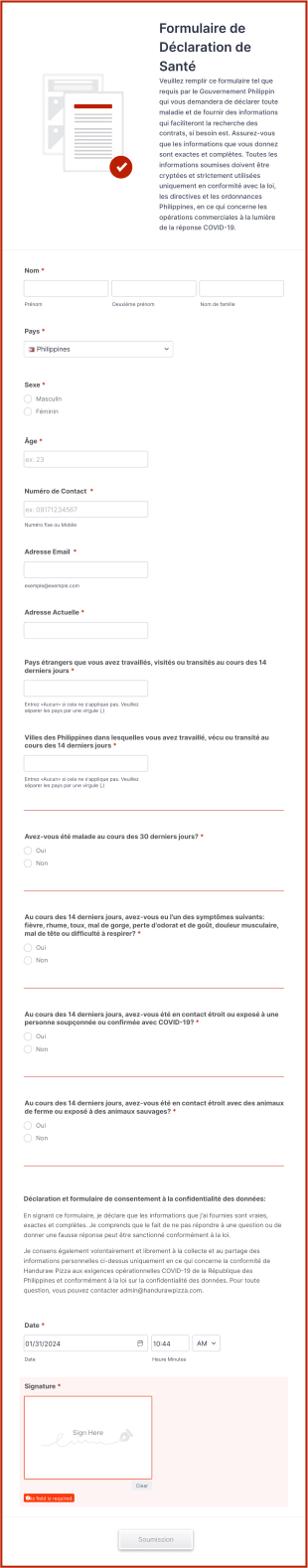 Modèle Formulaire De Déclaration De Santé & Covid Voyages Form Template