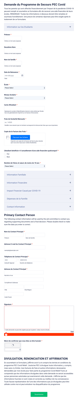 Formulaire De Demande De Bourse De Secours COVID 19